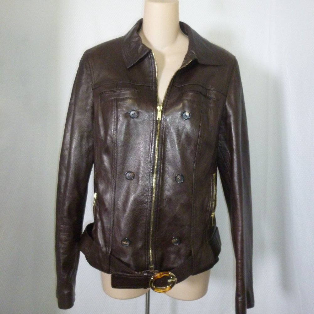 Vintage Gucci Leather Jacket SZ 46 Bamboo GG Logo